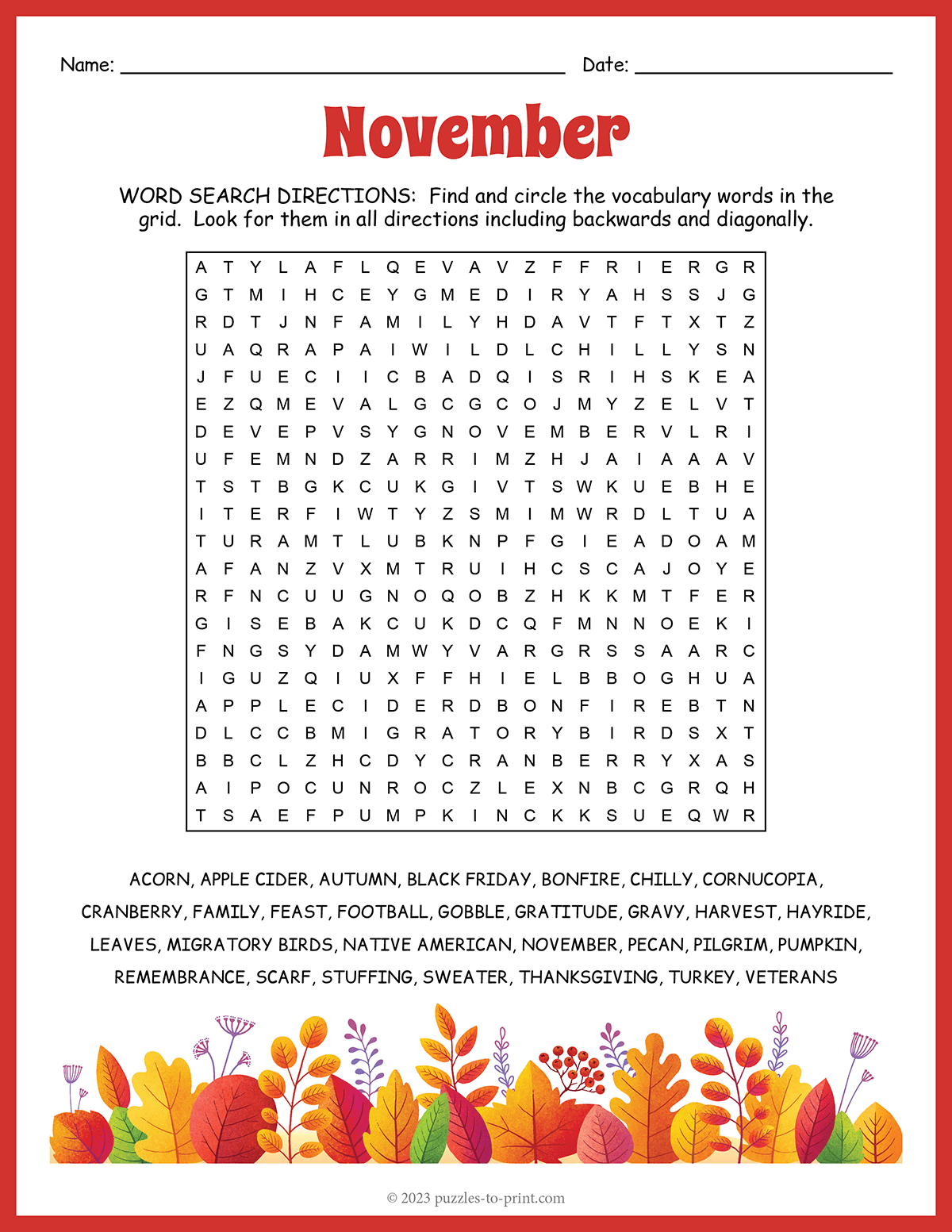 Free Printable November Crossword Puzzles