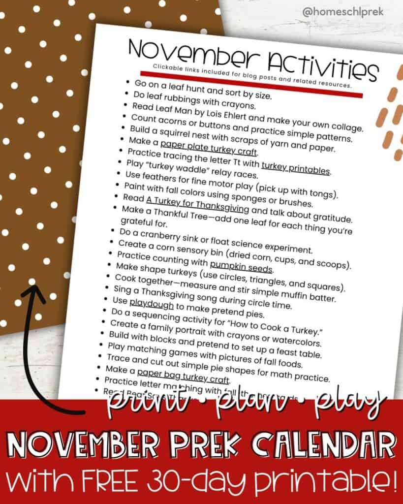 Printable November Calendar Of Preschool Activities