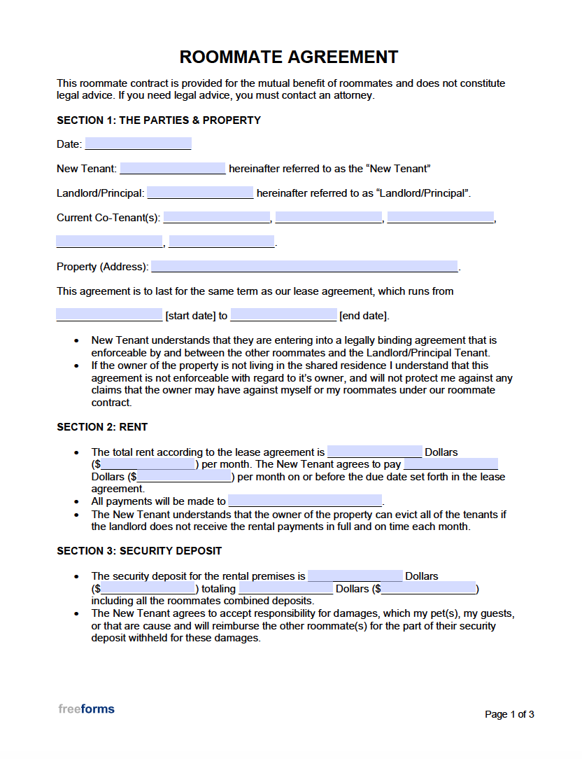 Printable Roommate Agreement Template