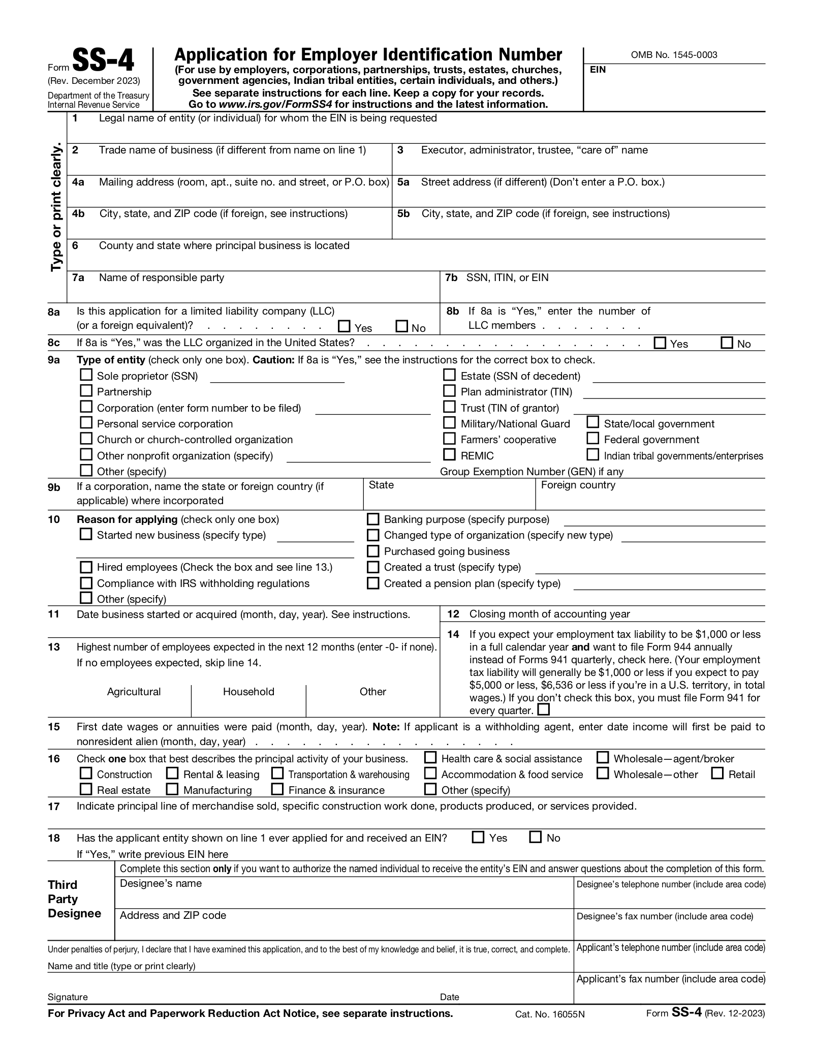 Free SS 4 Application For Employer Identification Number PDF 