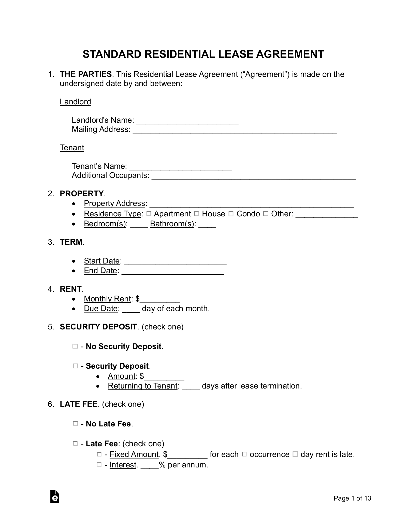 Free Standard Residential Lease Agreement Template PDF Word 