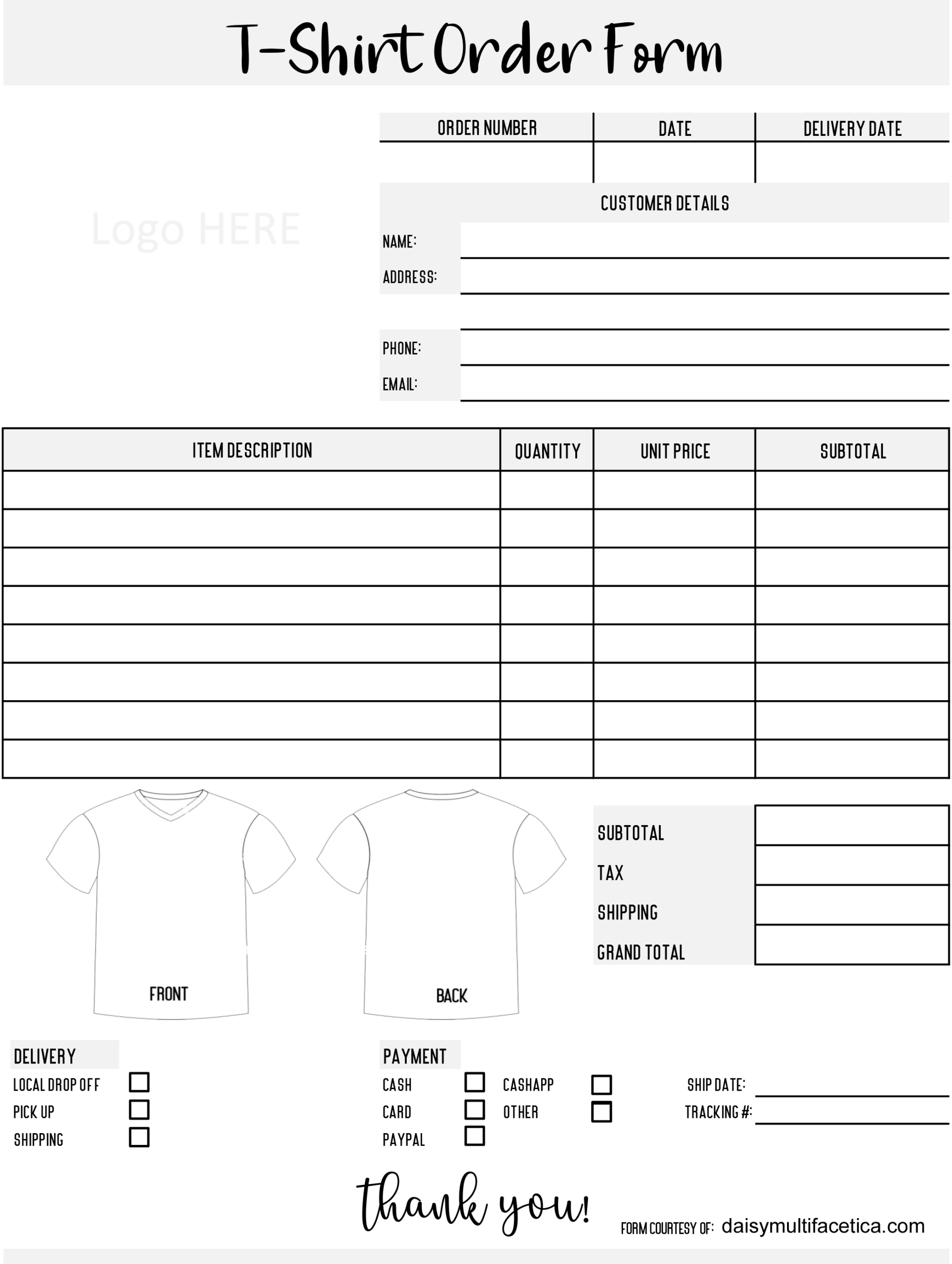T Shirt Order Forms Printable Free