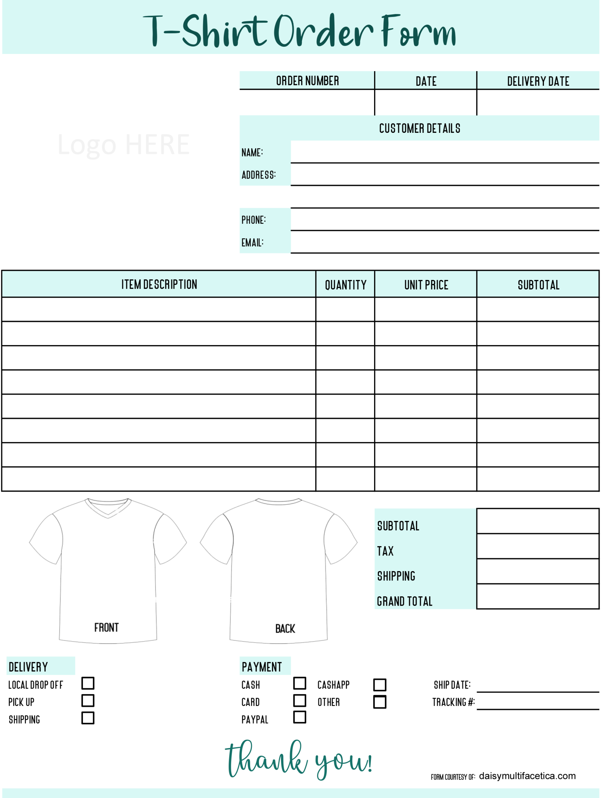 FREE T Shirt Order Form TEMPLATES In PNG To Customize Daisy 