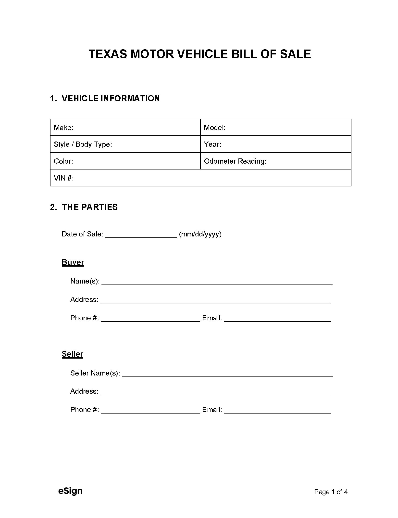Bill Of Sale Form Printable Texas