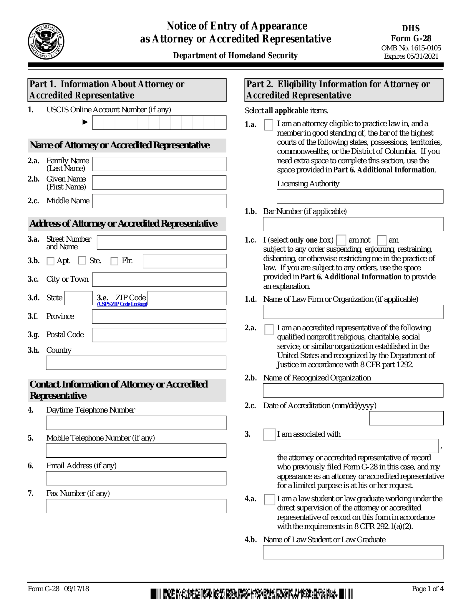 Free USCIS Form G 28 Notice Of Entry Of Appearance PDF EForms