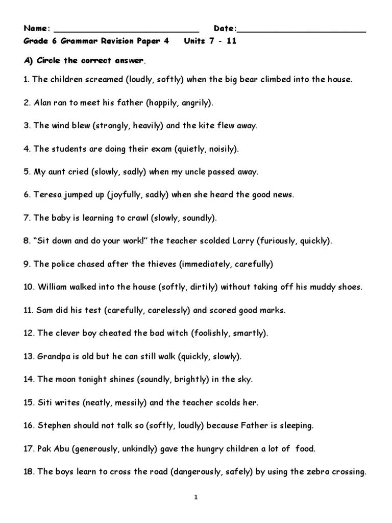 Grammar Worksheets For 6th Grade Printable