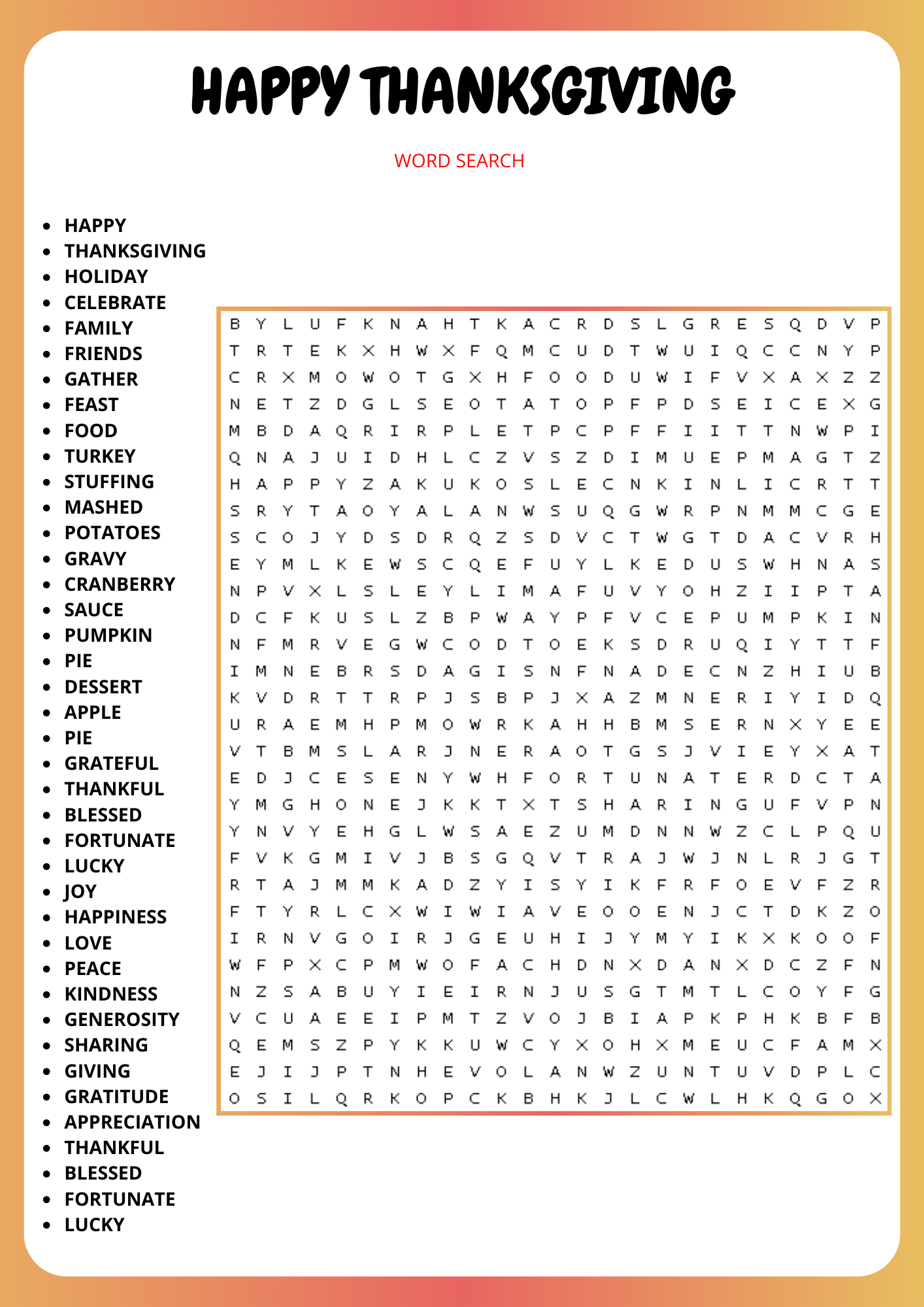 Thanksgiving Printable Word Search Puzzles