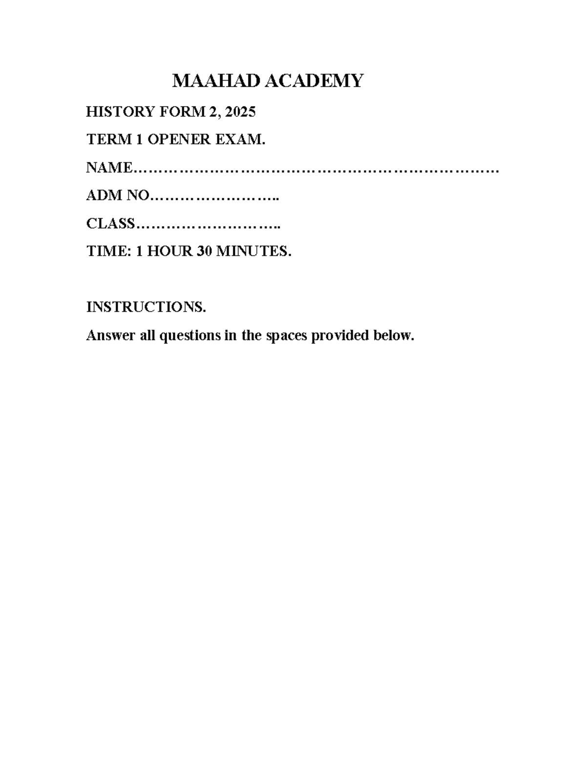 Form 2 Term 1 Opener Exam 2024