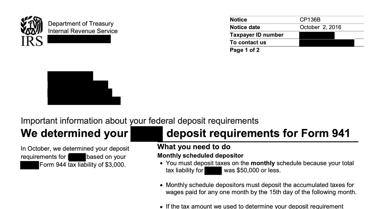 How To Understand Your CP136B Notice IRS Has Determined Your Form 941 Deposit Requirements 