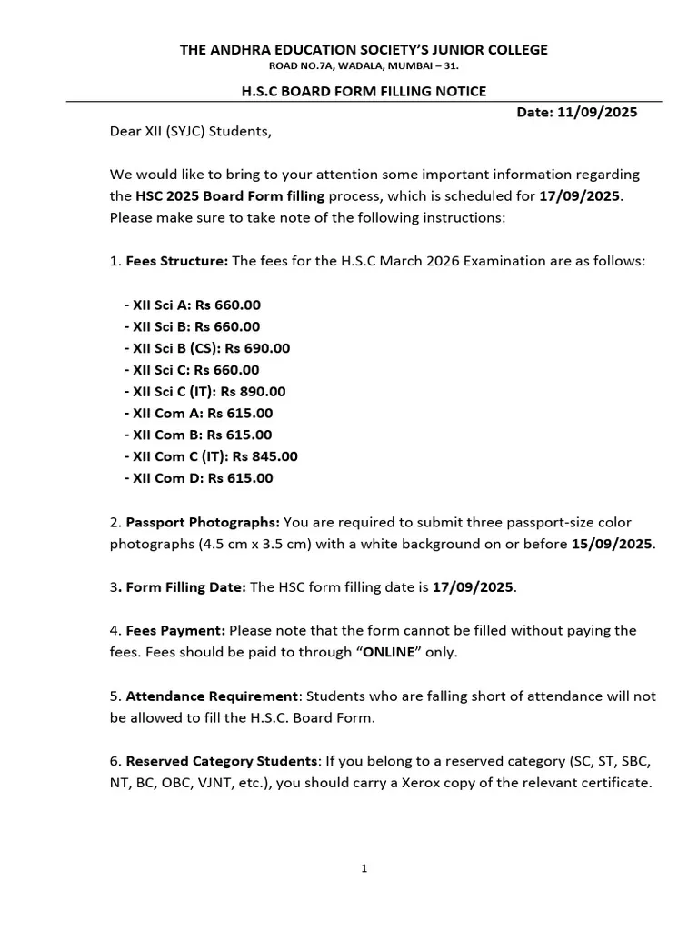 HSC 2025 Form Filling PDF