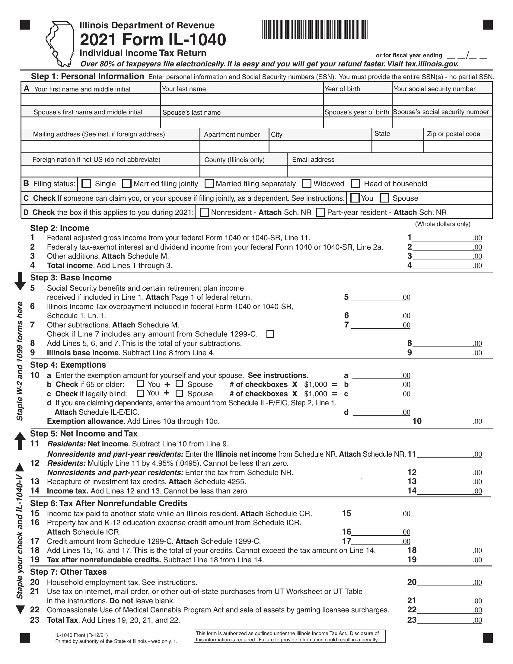 Illinois Tax Form Fill Out Printable PDF Forms Online
