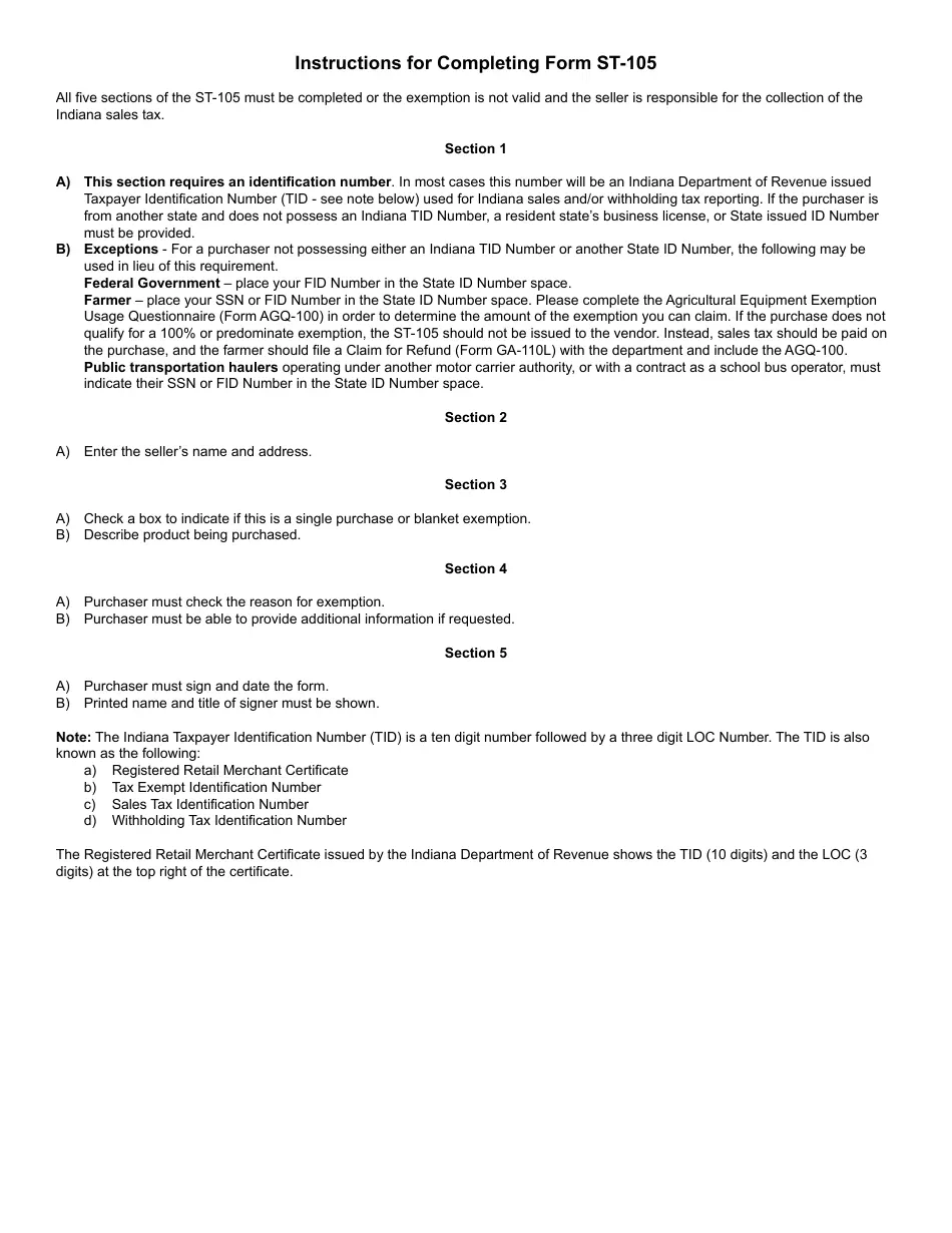 Indiana Form St105 Printable