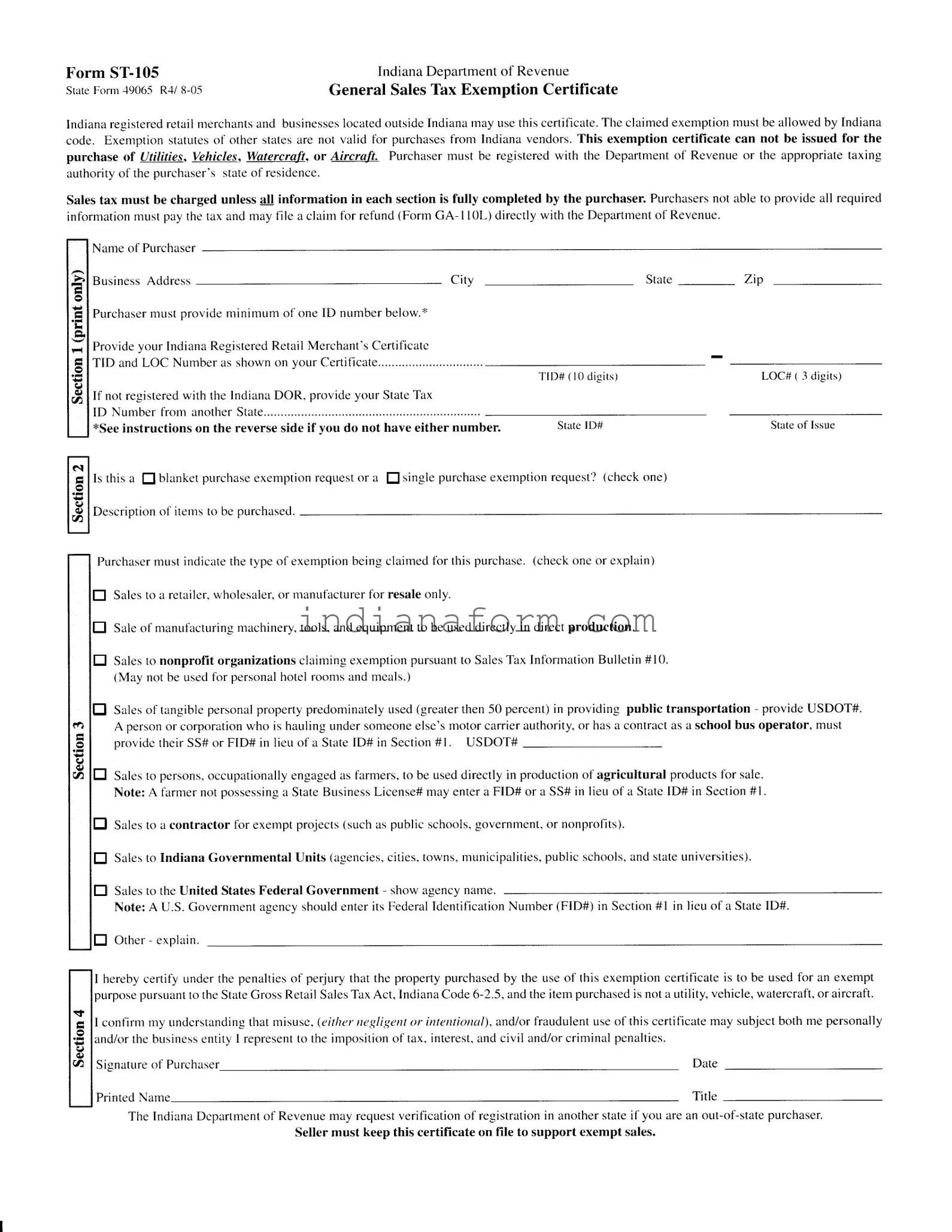 Indiana St 105 PDF Template All Indiana Forms