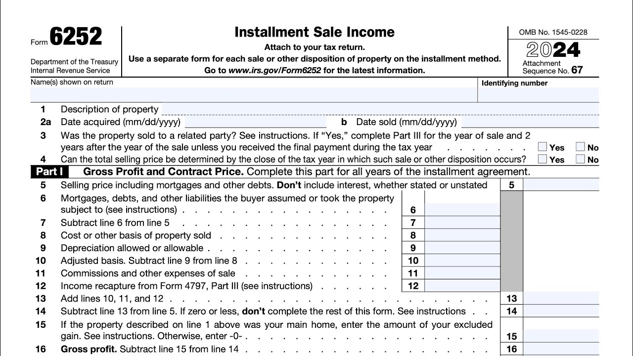 IRS Form 6252 Walkthrough Installment Sale Income 