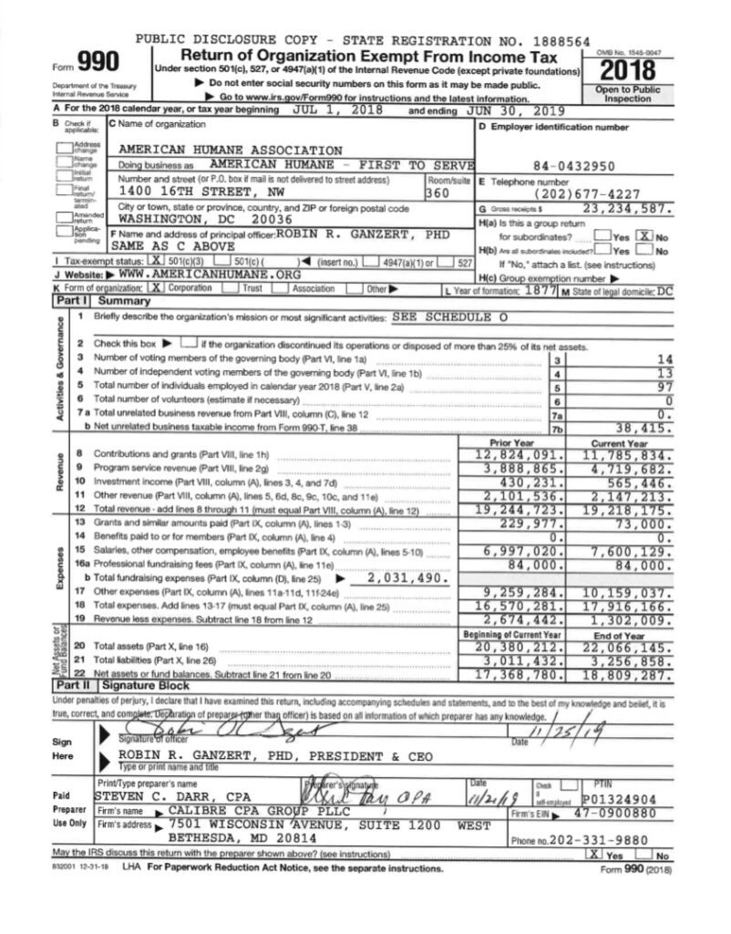 IRS Form 990 2019 American Humane Society
