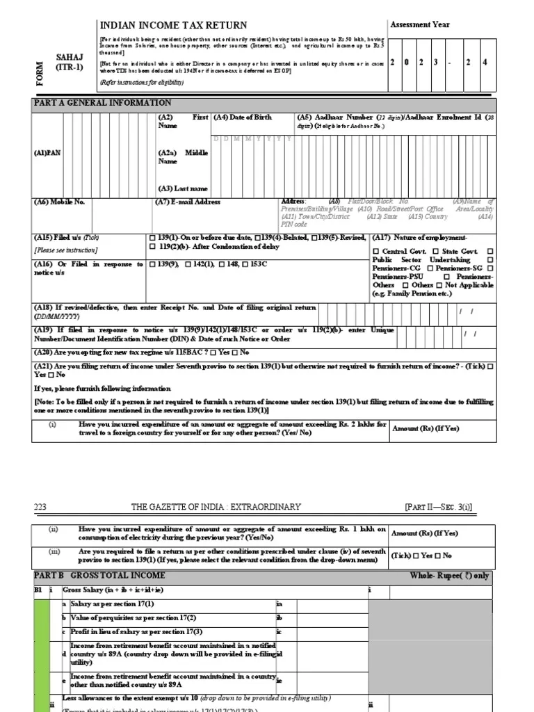 ITR 1 Form For Indian Tax Returns PDF Government Taxes