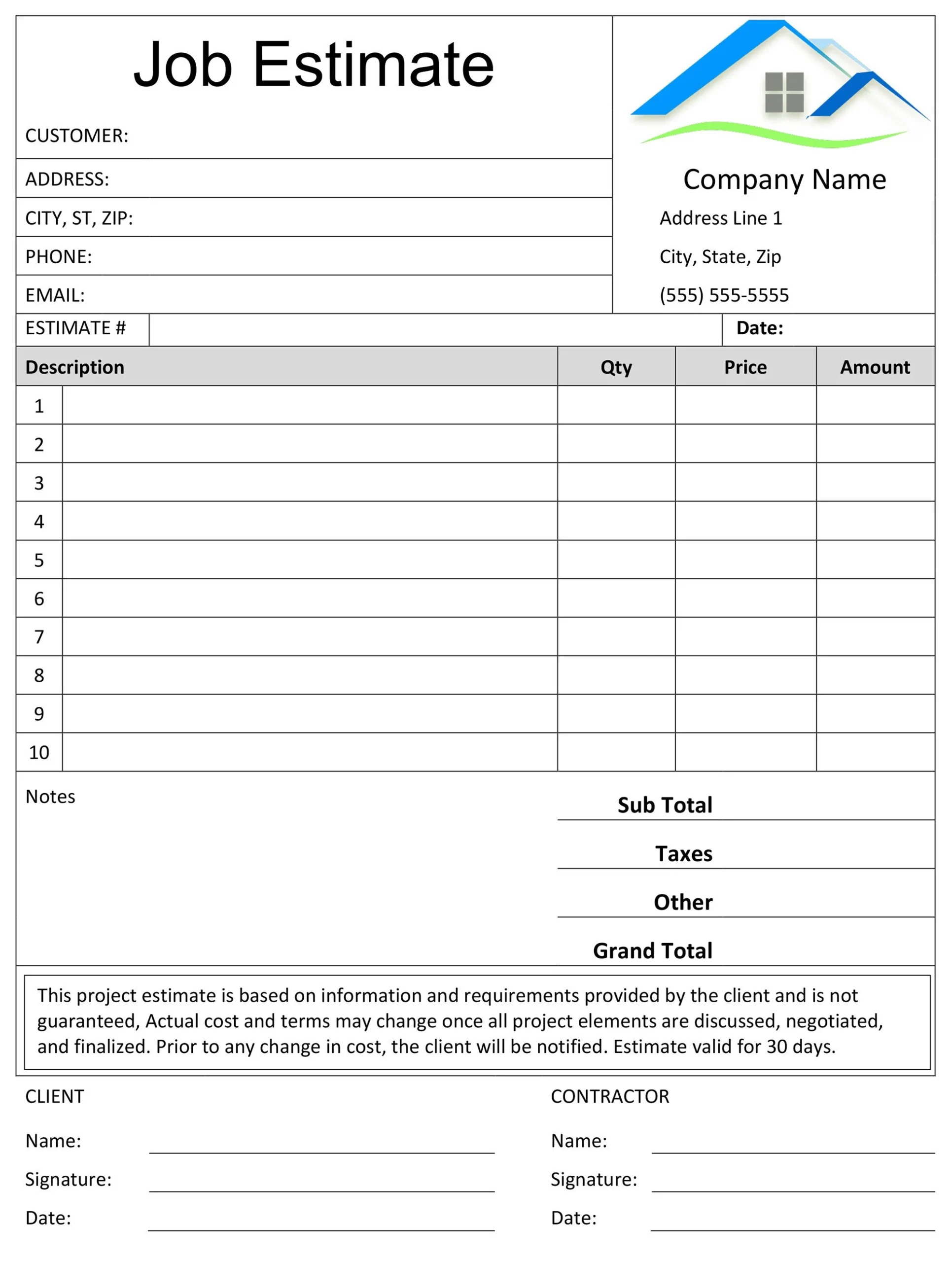 Job Estimate Template Microsoft Word Editable Doc Google Doc 