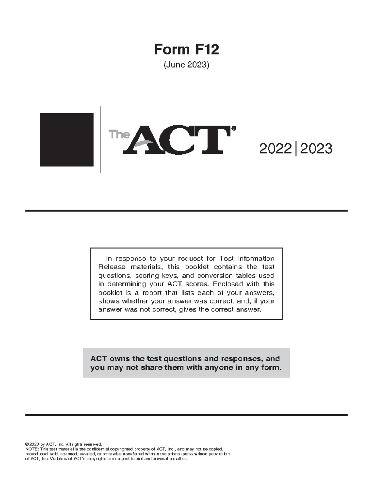 June 2023 ACT Test Form F Confidential Scoring Information 