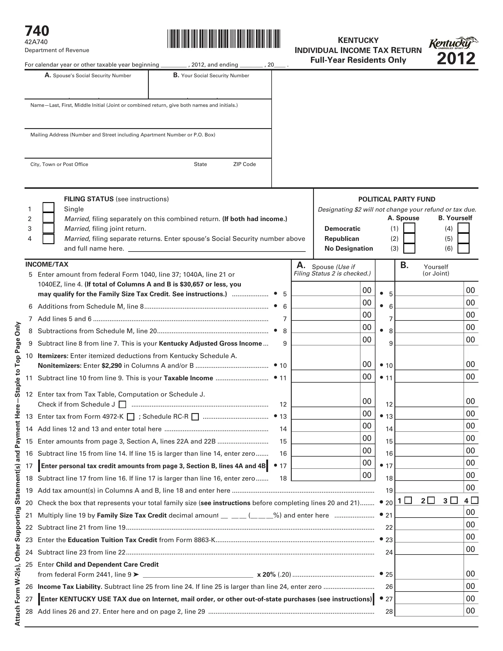 Kentucky Form 740 Fill Out Printable PDF Forms Online