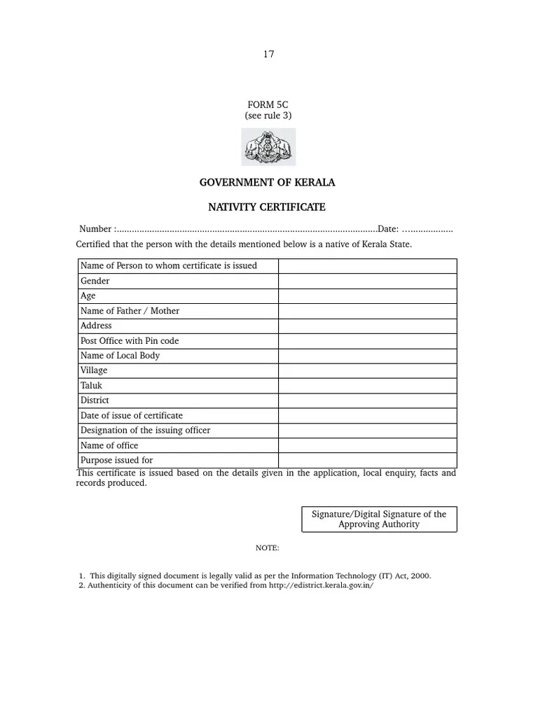 Kerala Nativity Certificate Format PDF