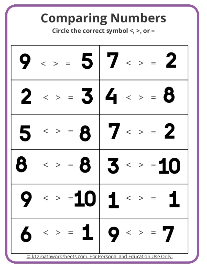 Kindergarten Comparing Numbers Worksheets