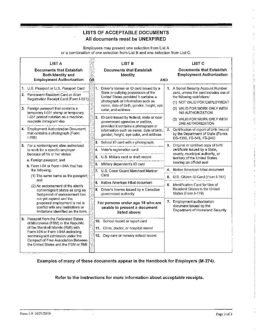 List Of Acceptable Documents For I 9 Please Review Washington 