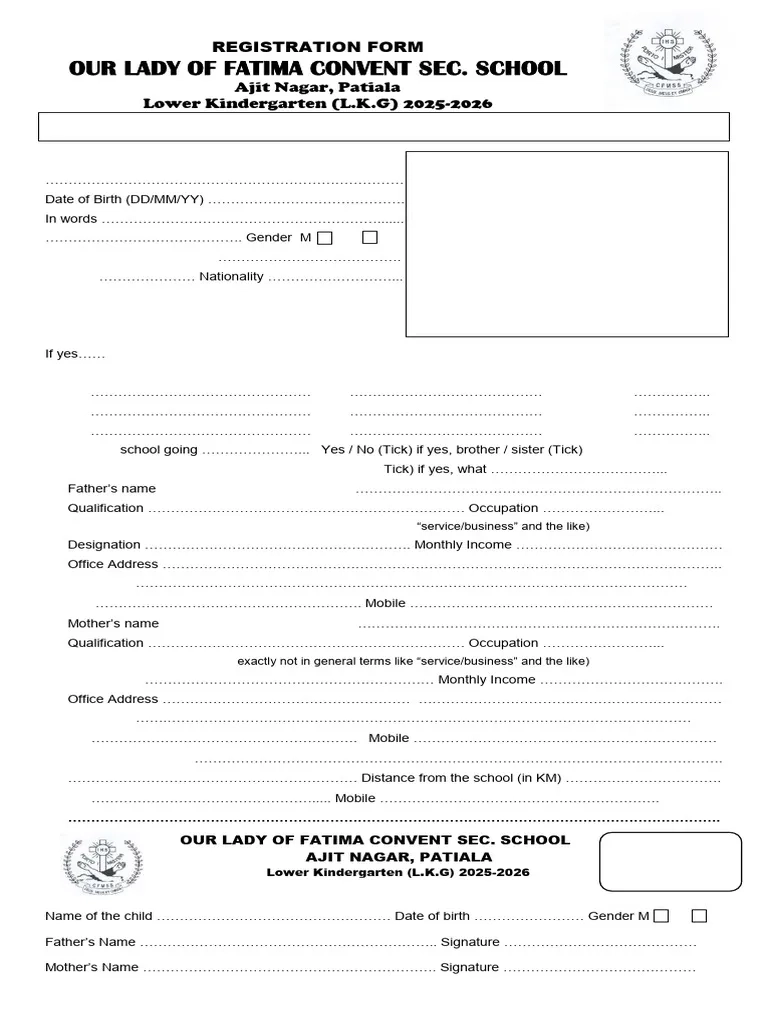 LKG Registration Form 2025 2026 PDF