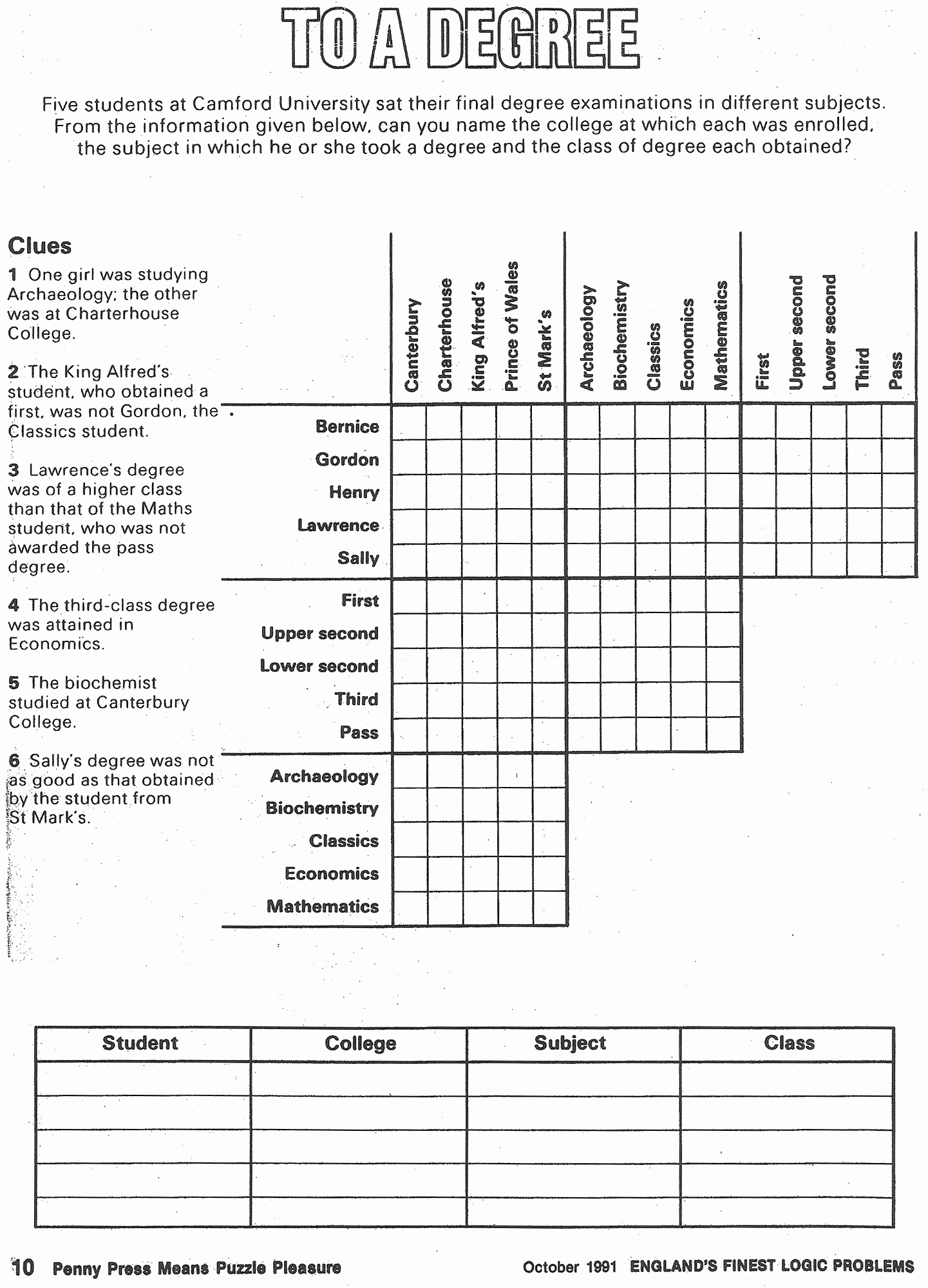 Printable Logic Puzzles With Answer Key
