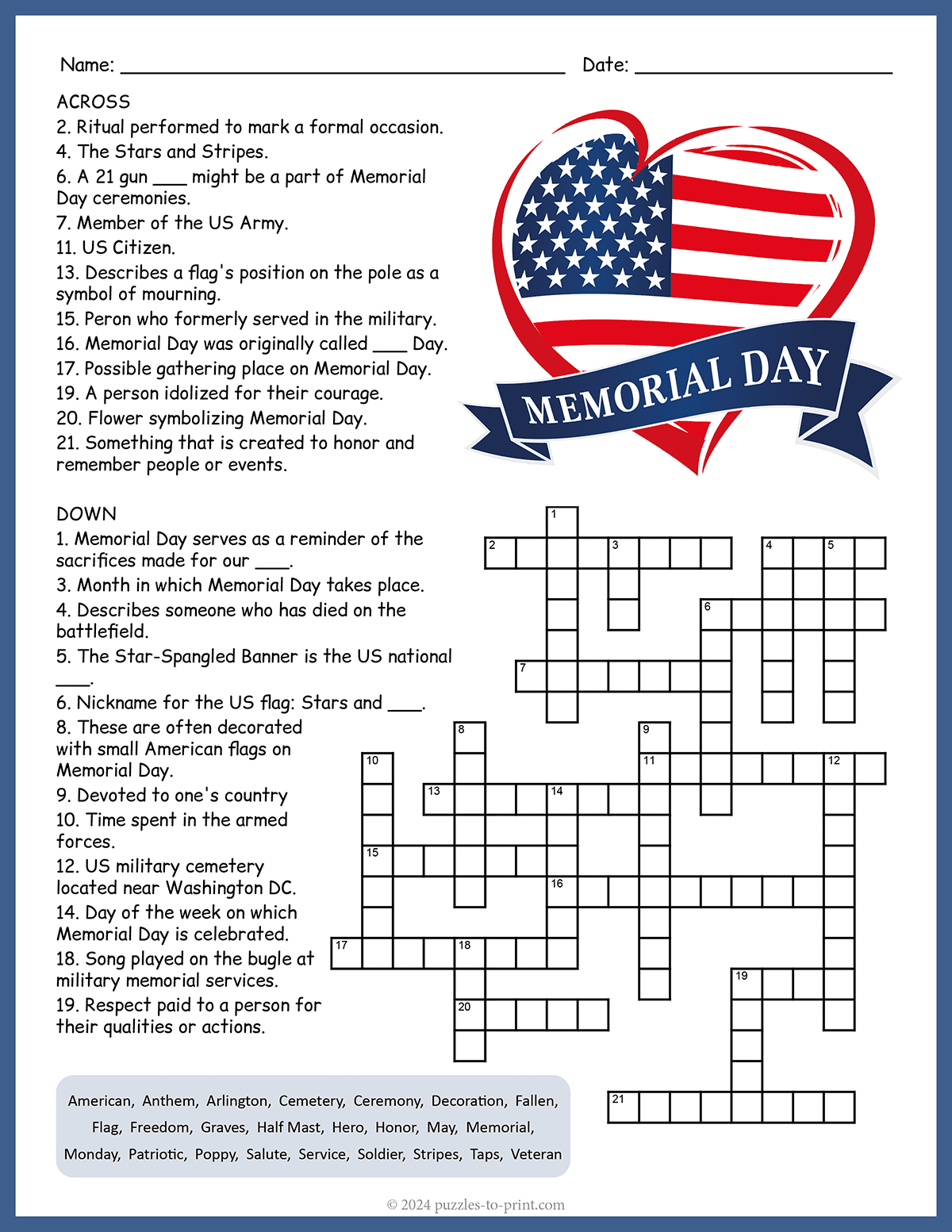 Memorial Day Crossword Puzzle Printable