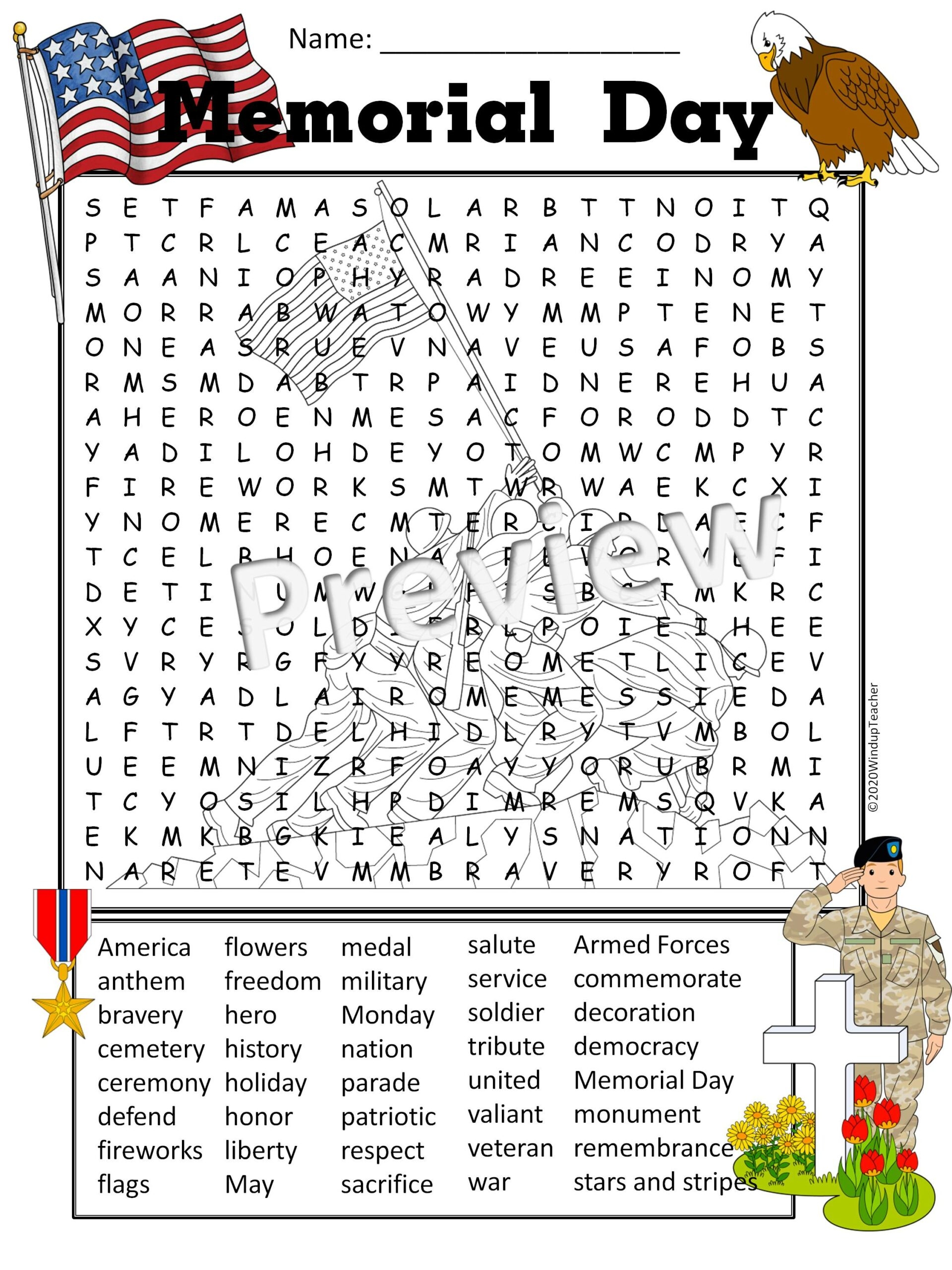 Memorial Day Word Search Activity Printable Hard For Grades 5 To 