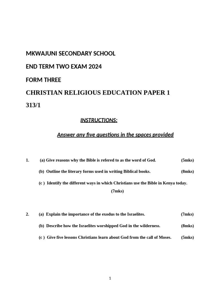 Mkwajuni Secondary School End Term Two Exam 2024 Form Three 