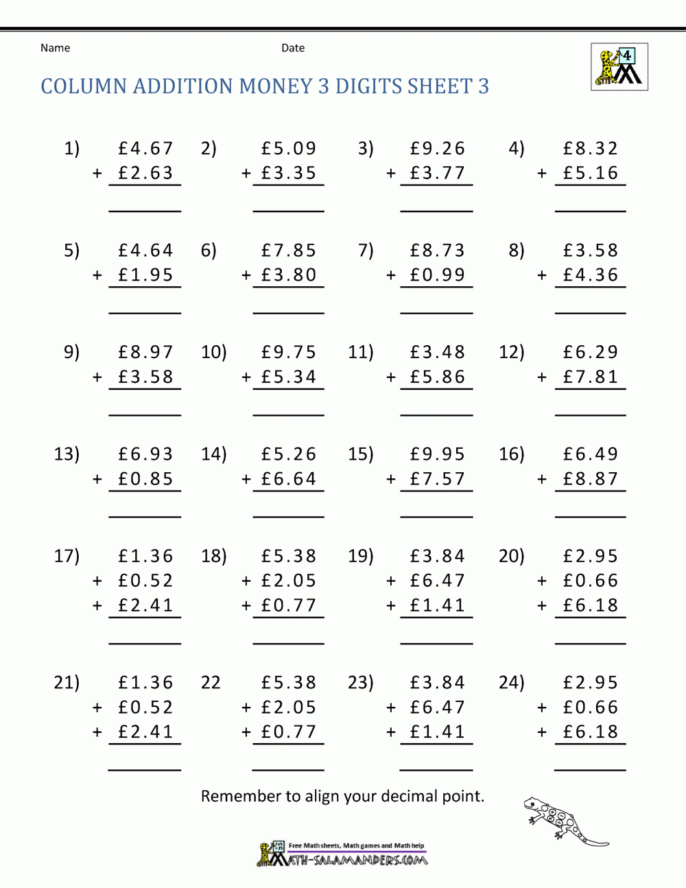 Money Addition Worksheets UK Money