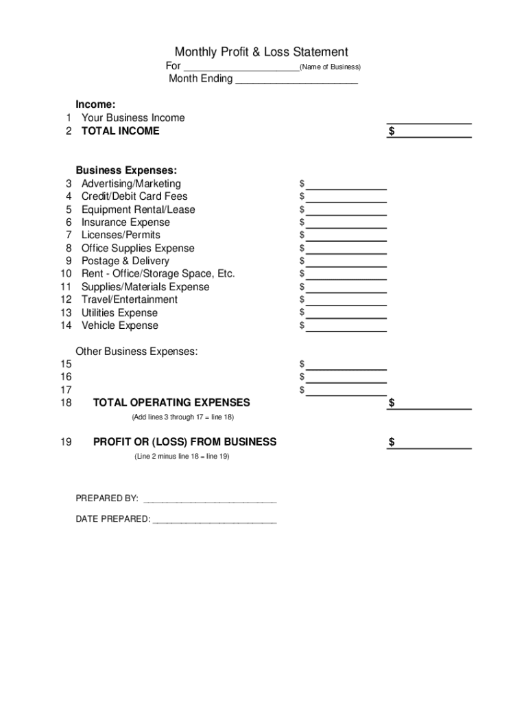 Monthly Profit Loss Statement Form Fill Online Printable 