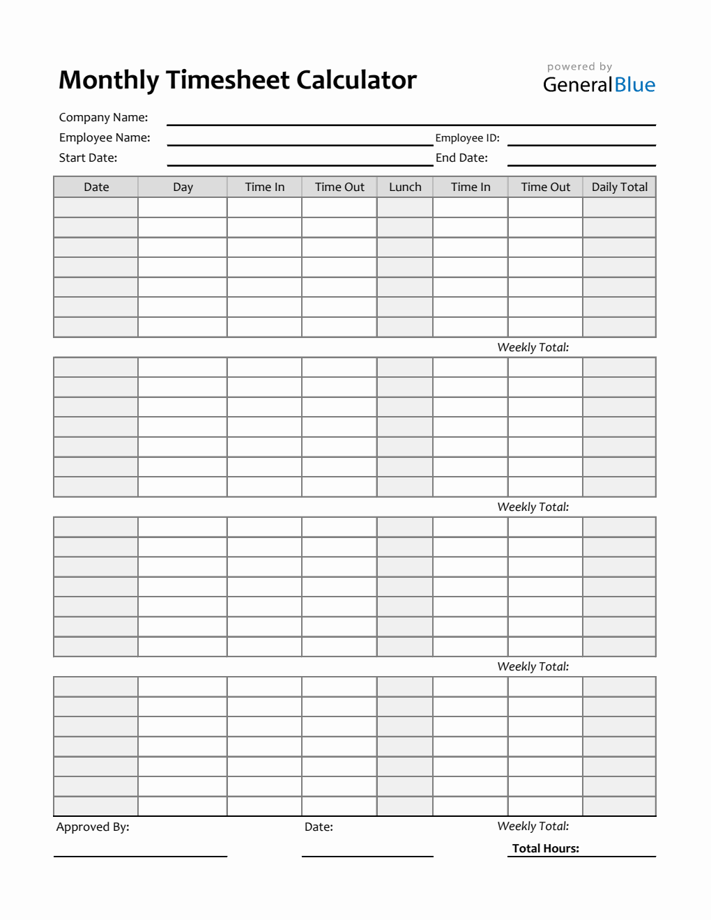 Simple Printable Monthly Timesheet Template