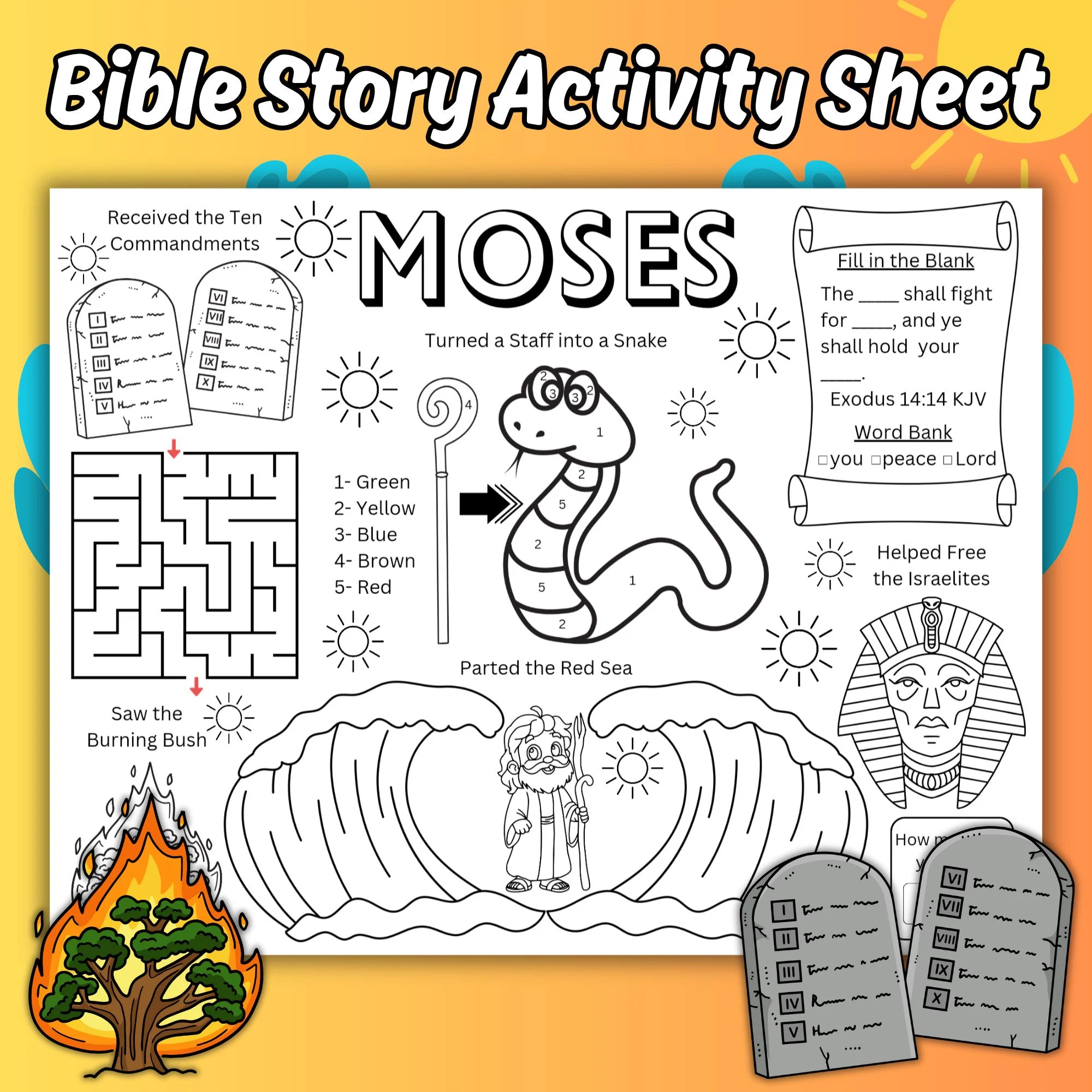 Moses Kids Activity Sheet Bible Story Coloring Activity Page 