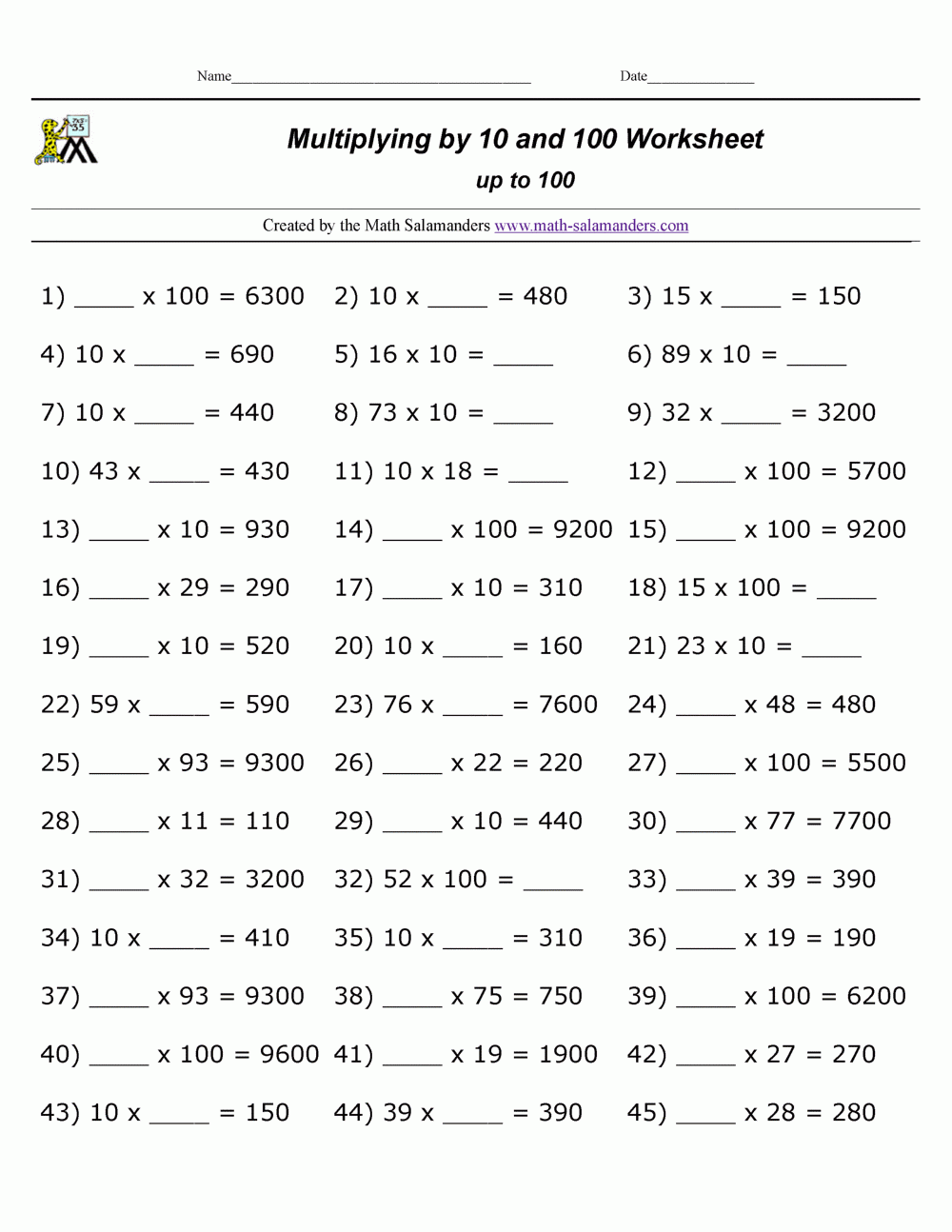 Multiplying By 10 And 100 Worksheets