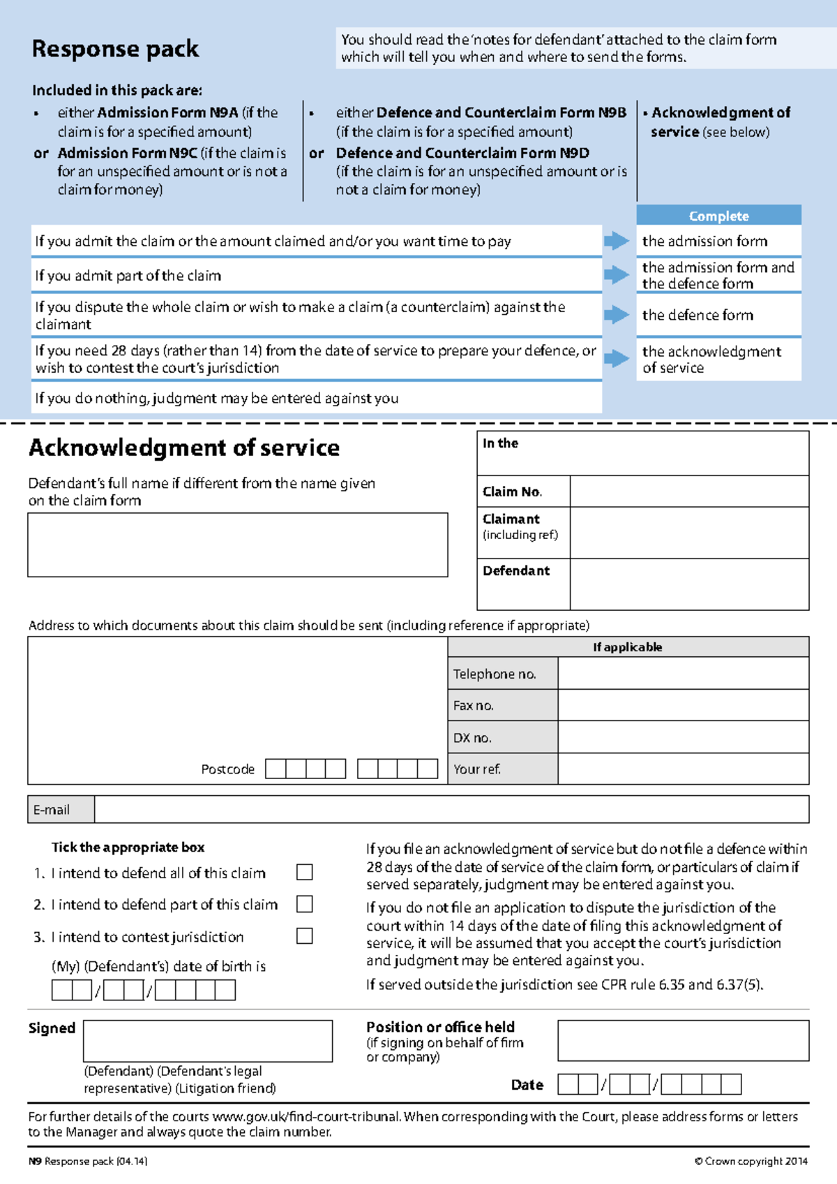 N9 Claim Form Response Pack Instructions And Guidelines Studocu