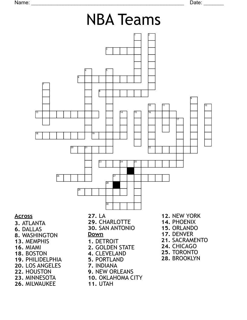 NBA Teams Crossword WordMint