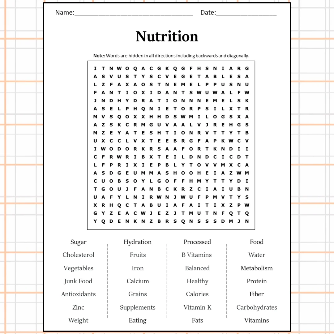 Nutrition Word Search Puzzle Worksheet Activity PDF