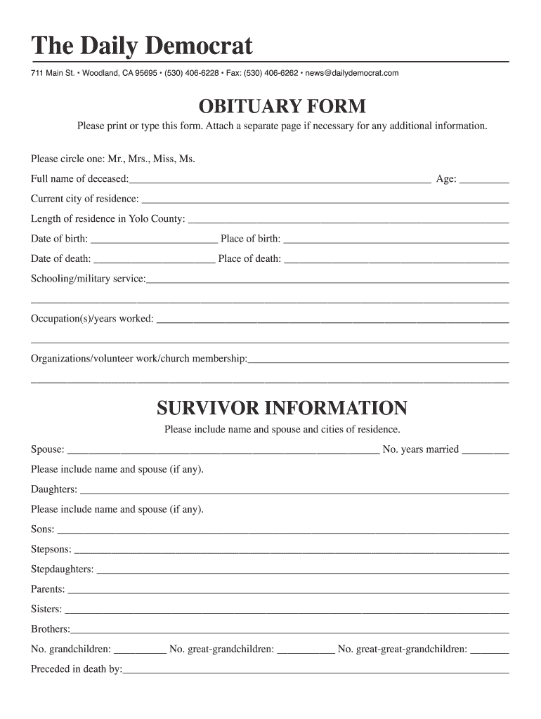 Free Obituary Form To Fill Out