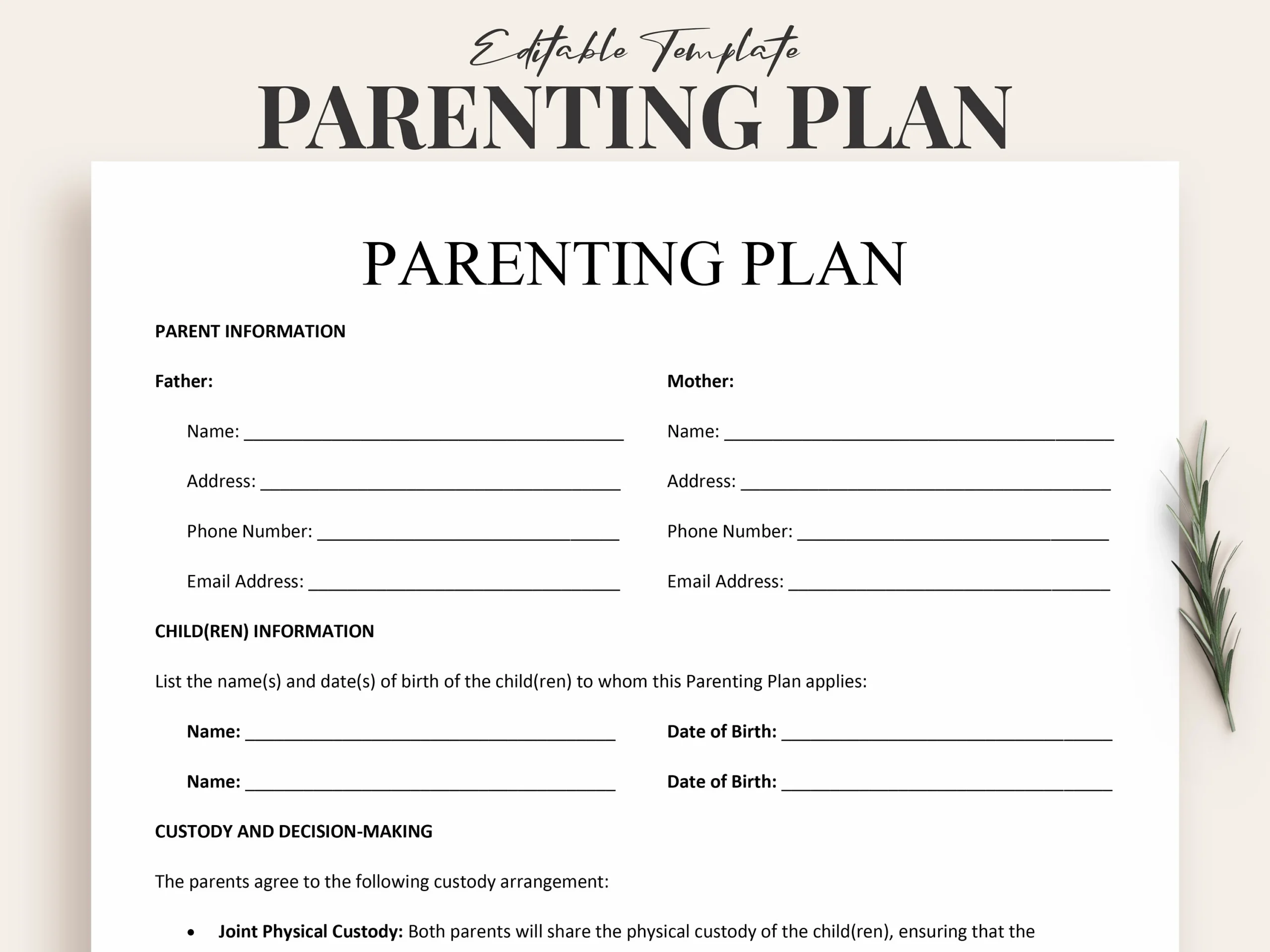 Parenting Plan Template Editable Child Custody Agreement PDF 
