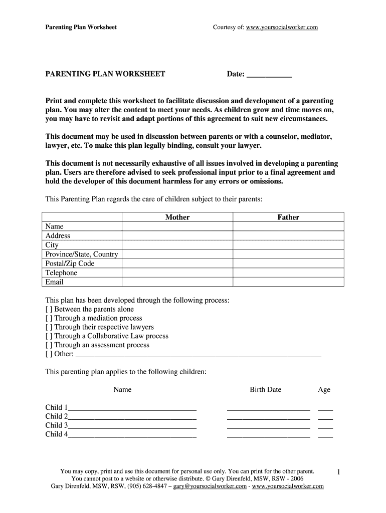 Printable Parenting Plan Worksheet