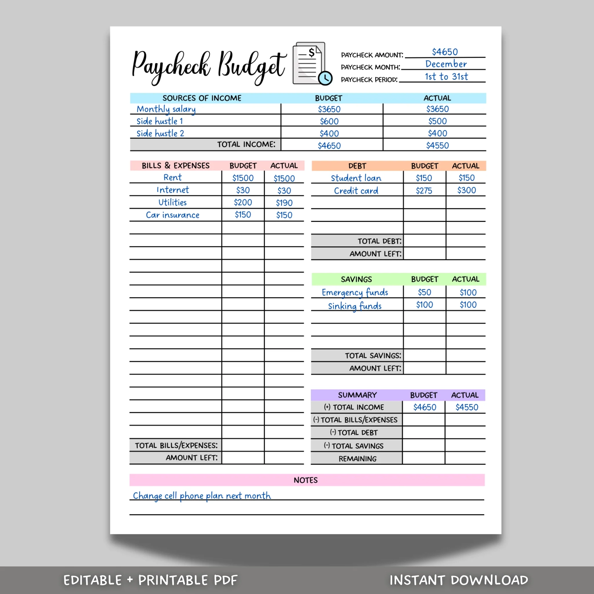 Paycheck Budget Overview Planner Printable Minimalist Budget 