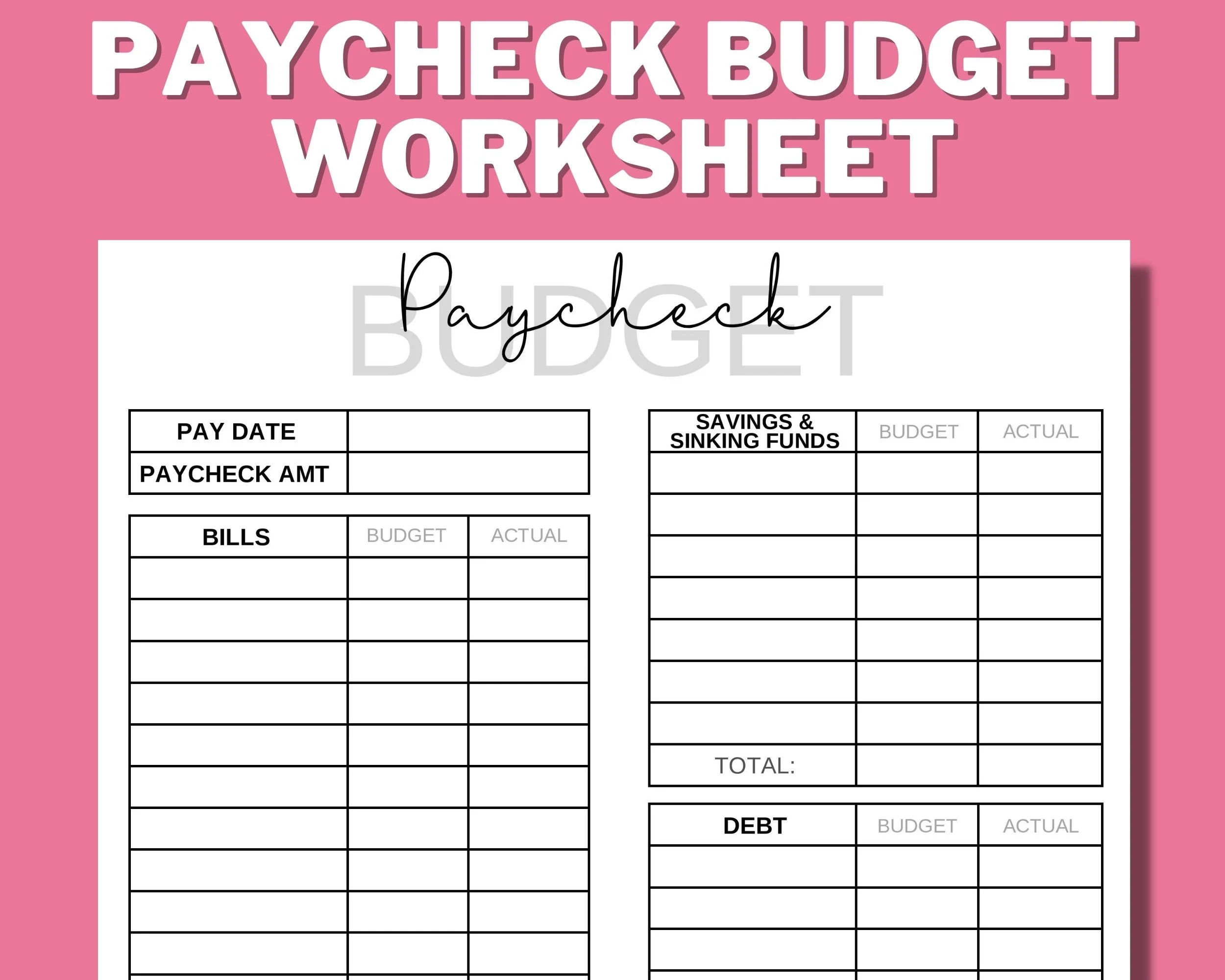 PAYCHECK BUDGET PRINTABLE Budget Worksheet Budget Binder Weekly 