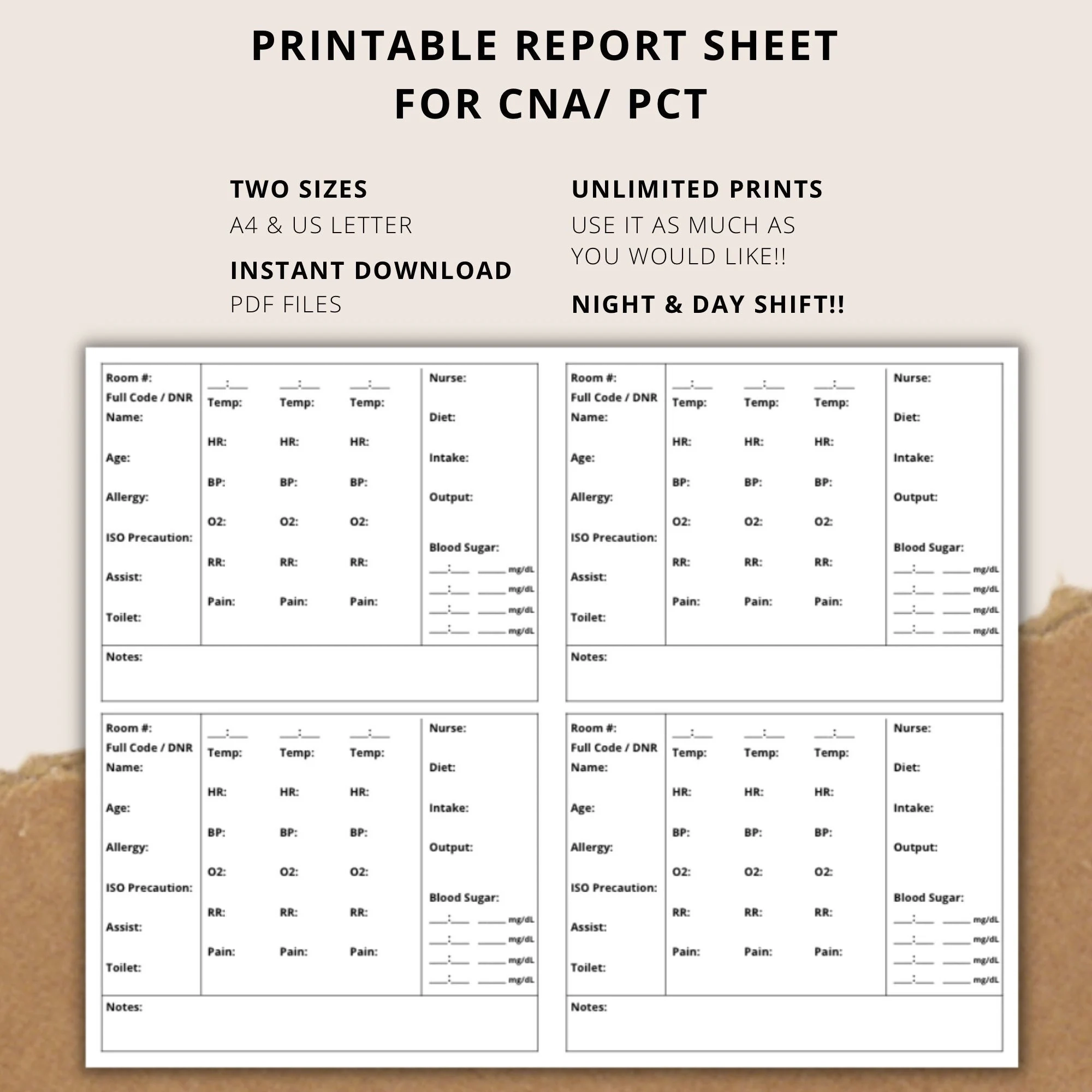 PCT CNA Report Sheet Printable BRAIN Sheet Med Surg Template 