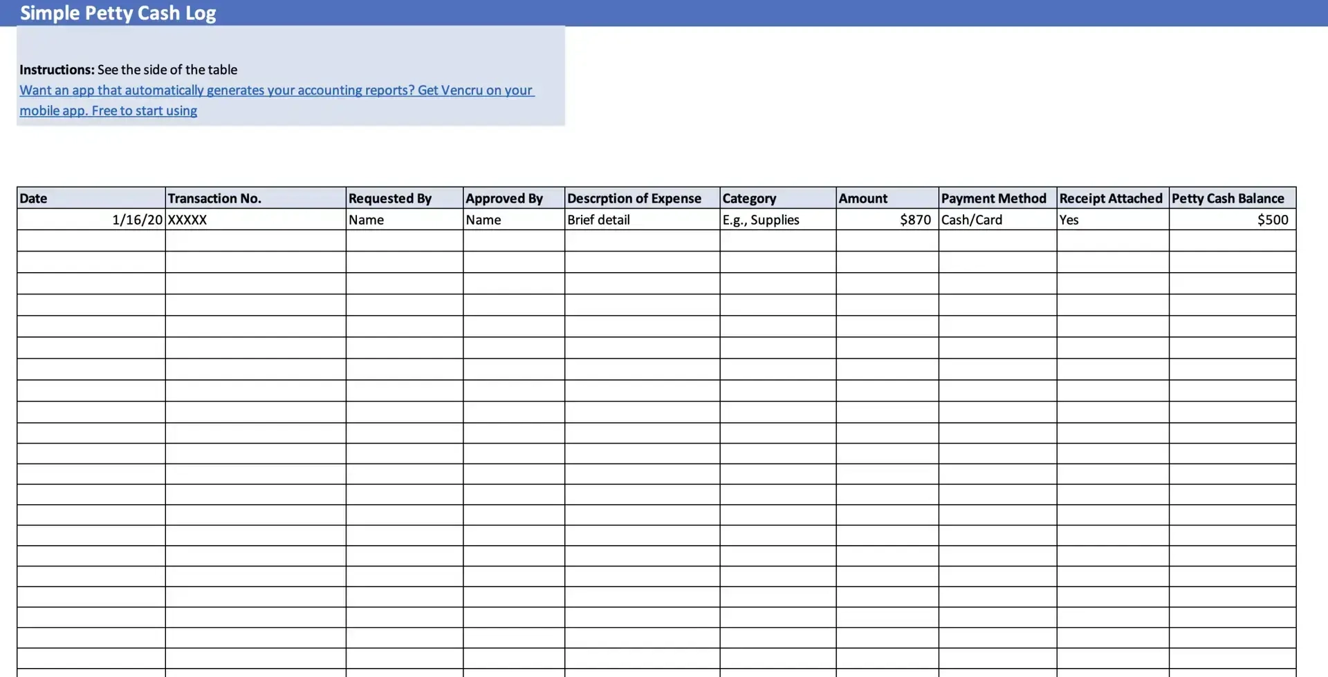 Free Printable Petty Cash Log Template