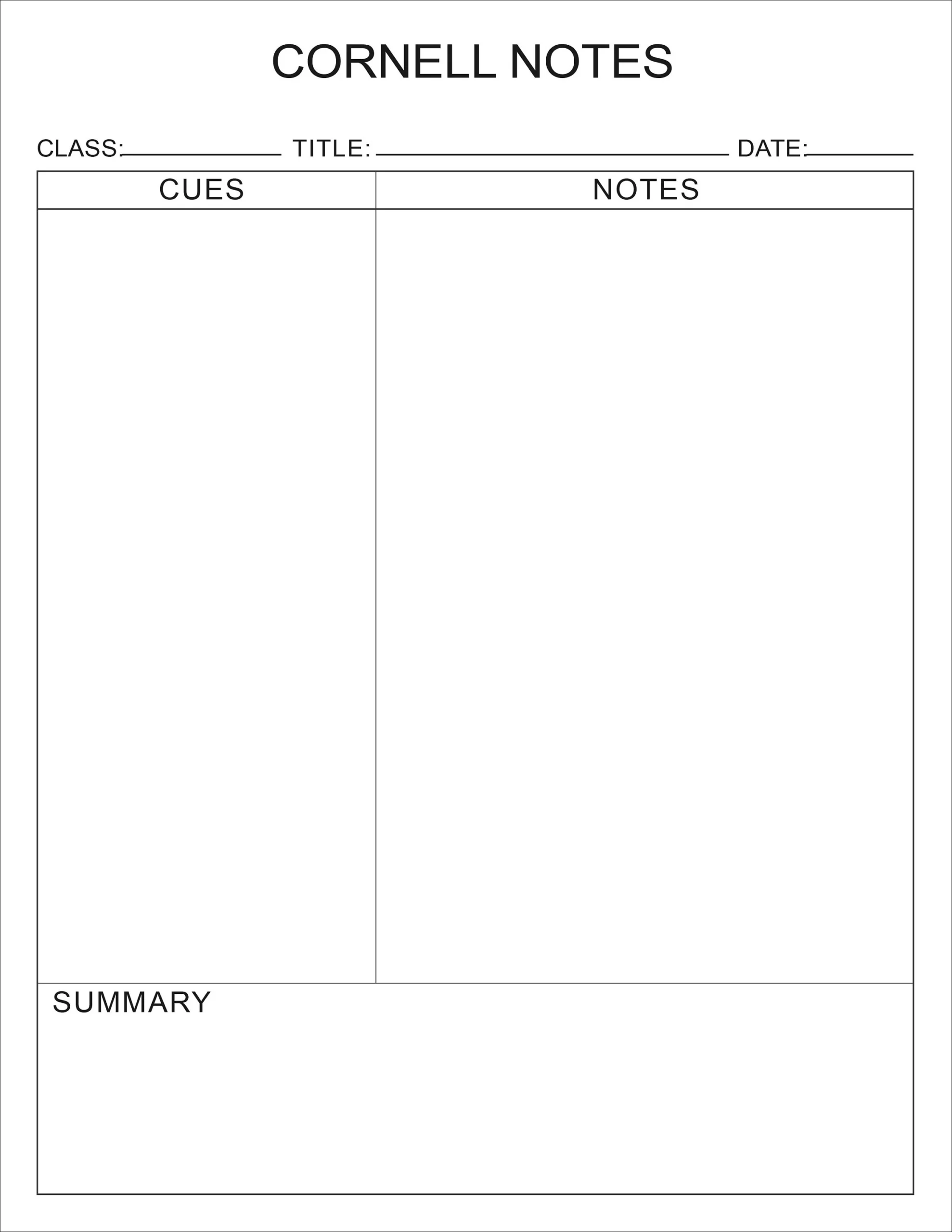 Printable Cornell Notes Plain Template PDF File Etsy