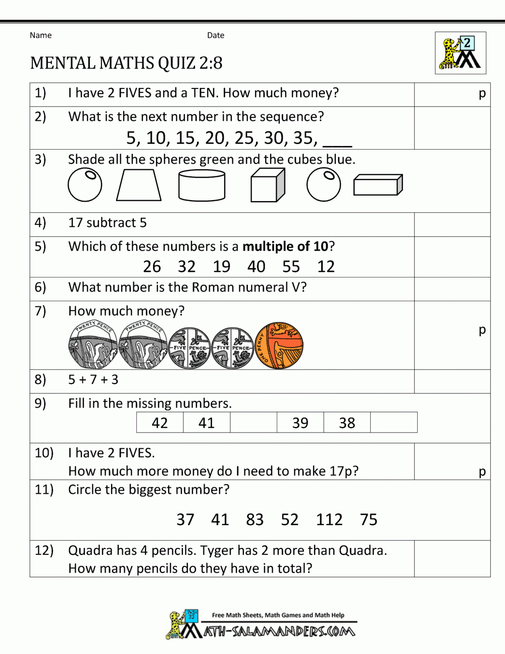Printable Maths Worksheets Year 2