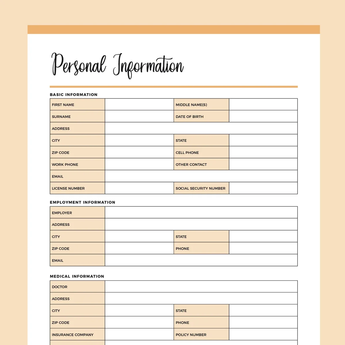Printable Personal Information Template Instant Download PDF 