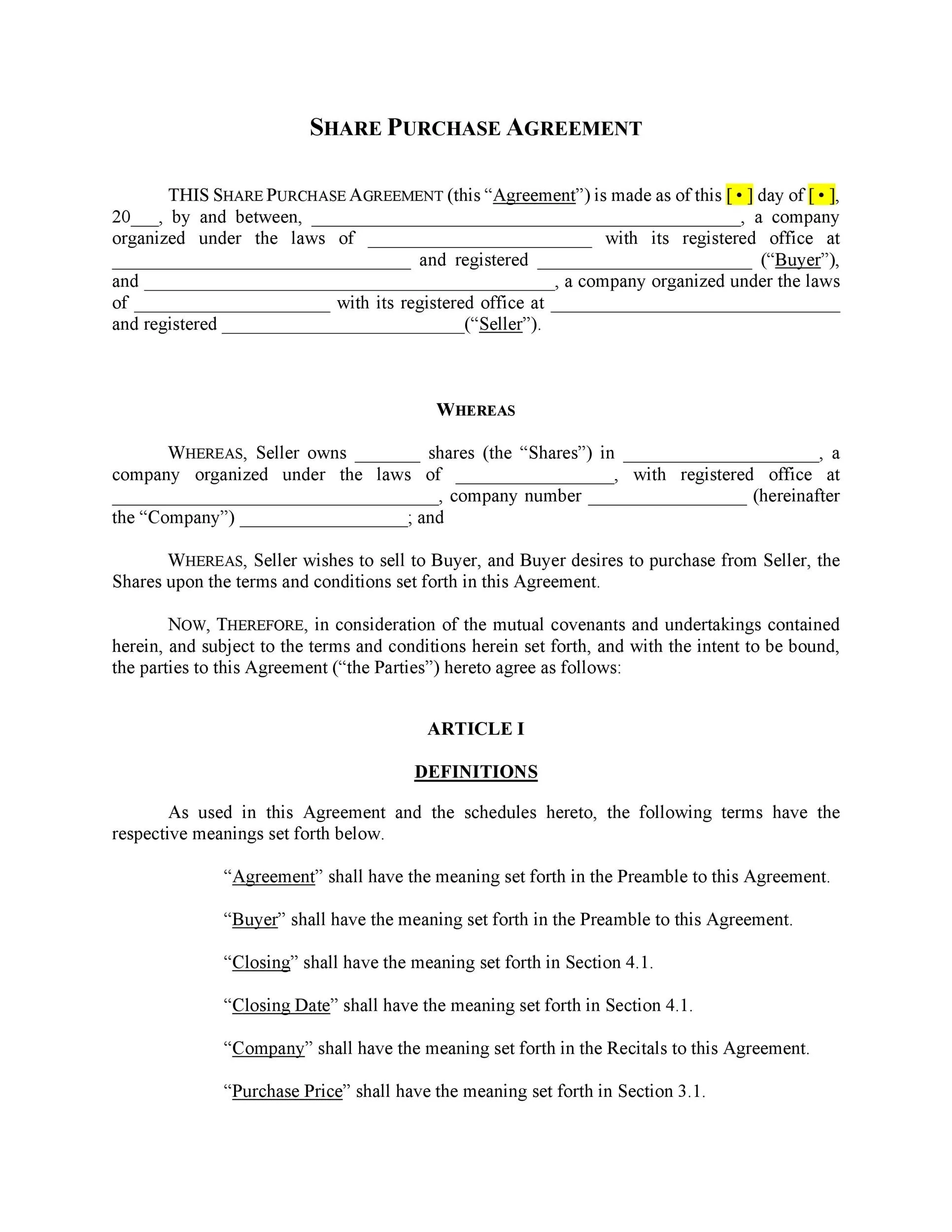 Printable Purchase Agreement Template